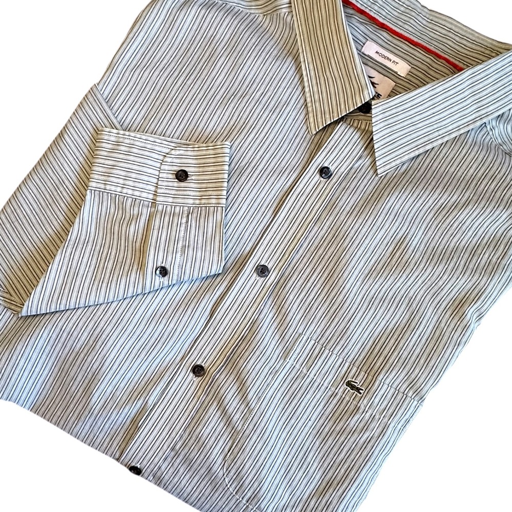 Lacoste Shirt Men's 46 (2XL) Green Striped Modern Fit‎ Long Sleeve Button Up